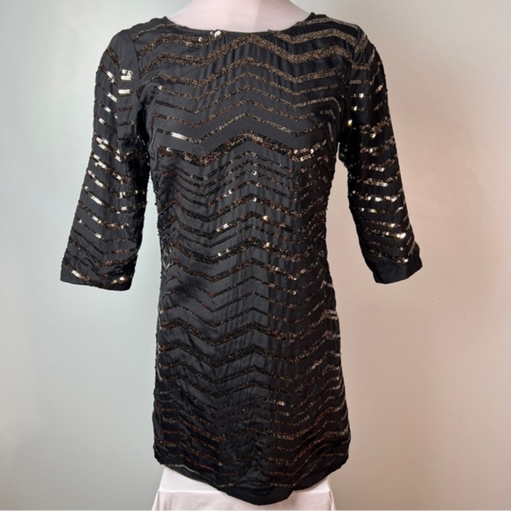 Mustard Seed Sequin Sheath Mini Dress Black and Gold - Women’s Size Medium - Picture 1 of 17